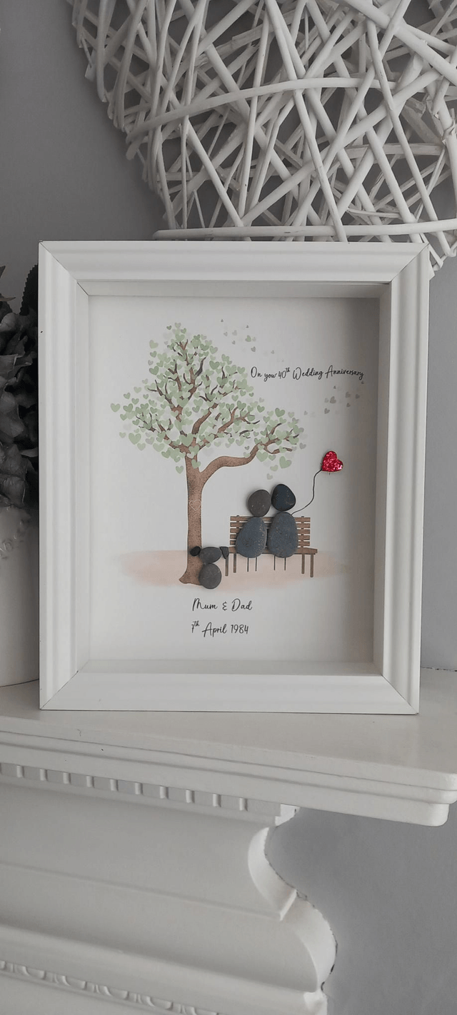 Ruby 40th Anniversary Personalised Handmade Pebble Picture: Couple on Bench - Unique Gift