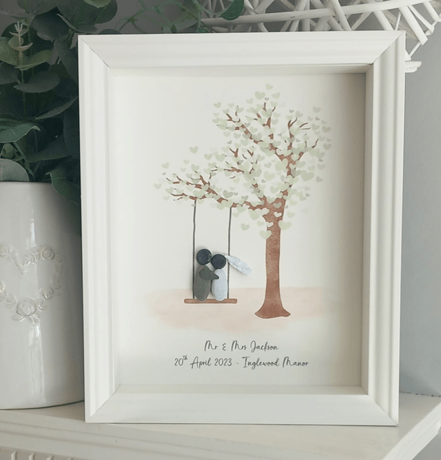 Personalised wedding pebble picture with couple on swing  | Wedding gift | Wedding Frame | Pebble Couple | Bride & Groom 