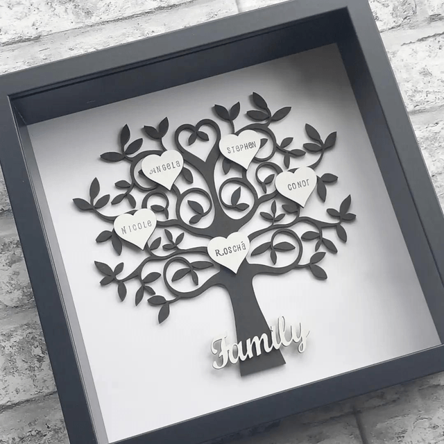 Family tree black with white hearts and black frame 