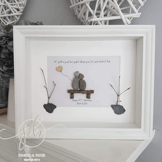 Anniversary gift | Silver, Golden, Ruby, Opal, Pearl, Emerald, Sapphire, Paper, Tin | Personlaised pebble picture | Couple on bench