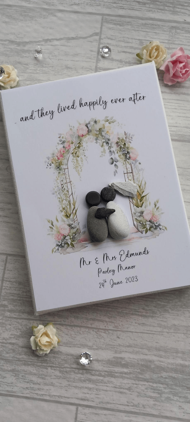 And they lived happily ever after, personalised wedding pebble picture | 5" x 7" canvas frame, with decoupage design 