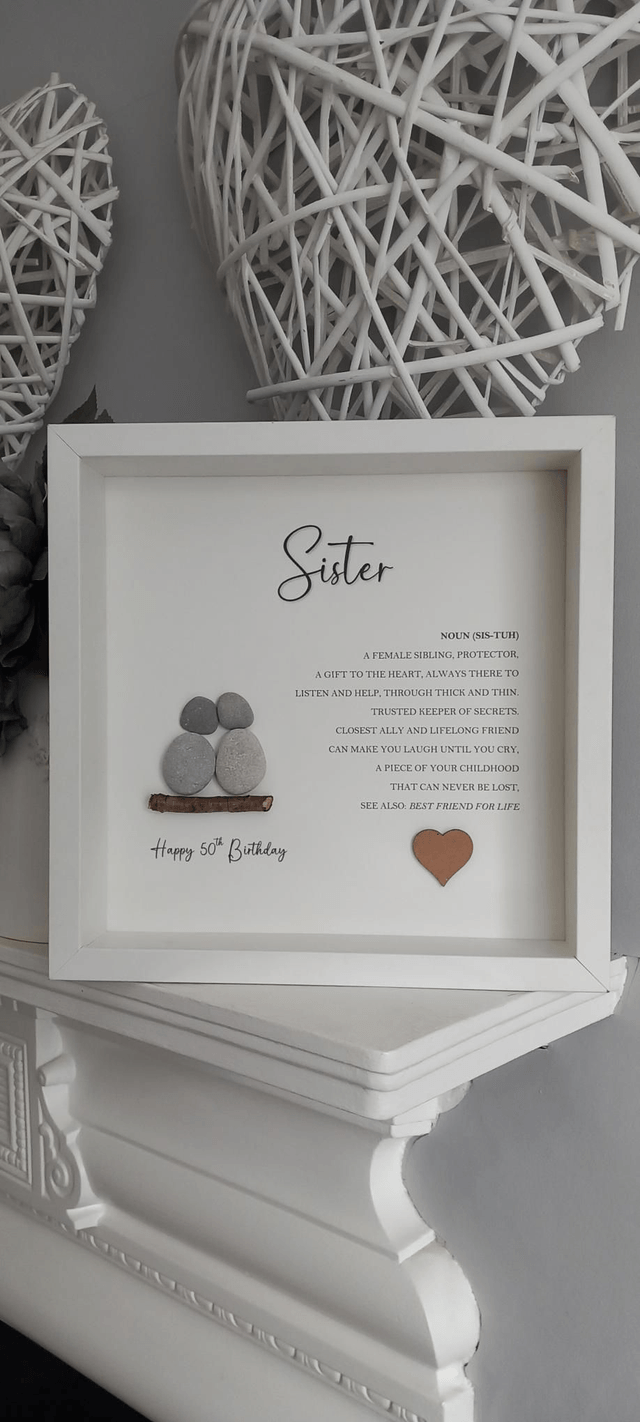 Pebble Art 50th Birthday Gift for Sister – Handmade Wall Art with Heartfelt Quote – Unique Milestone Keepsake Present