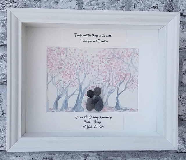 Anniversary pebble picture, blossom trees & pebble couple 