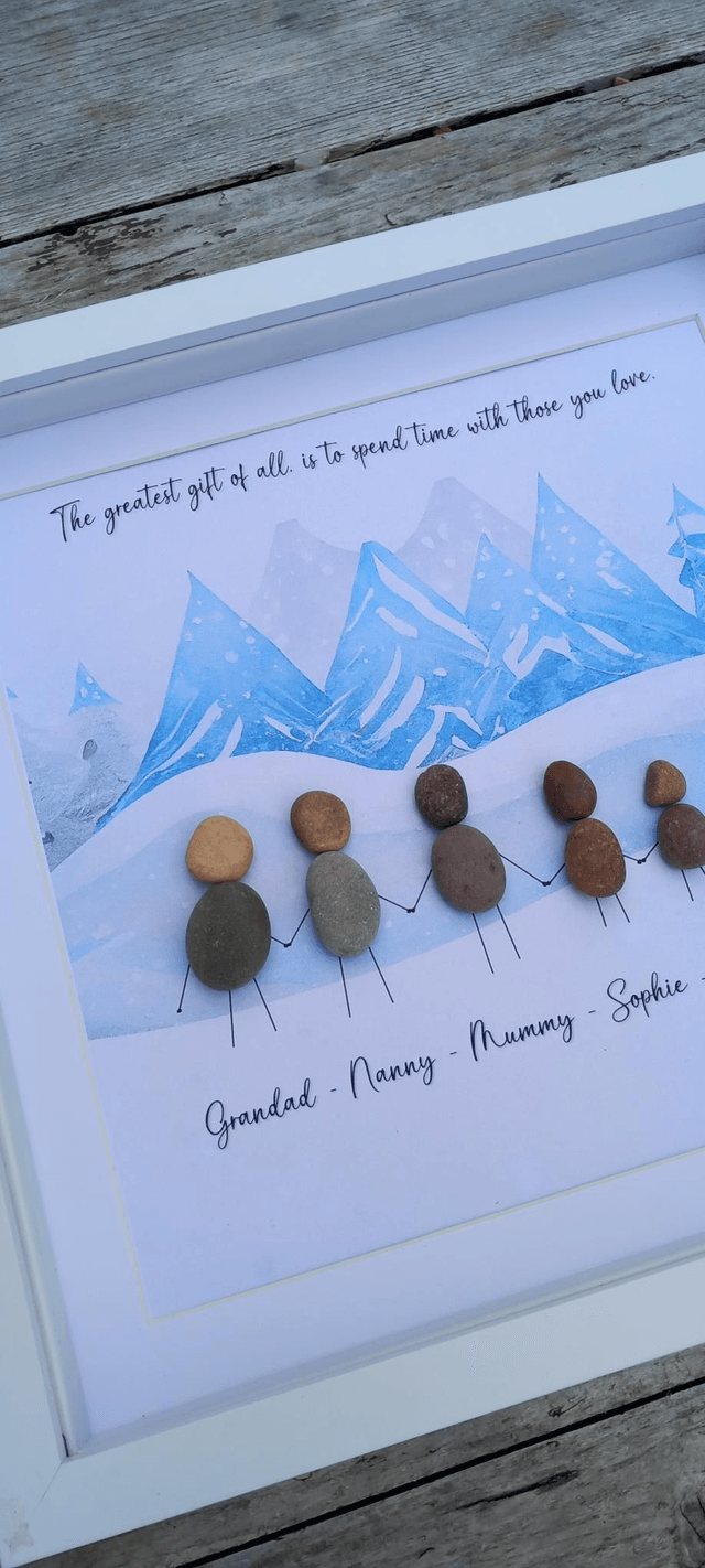 Snow scene personalised family pebble picture 