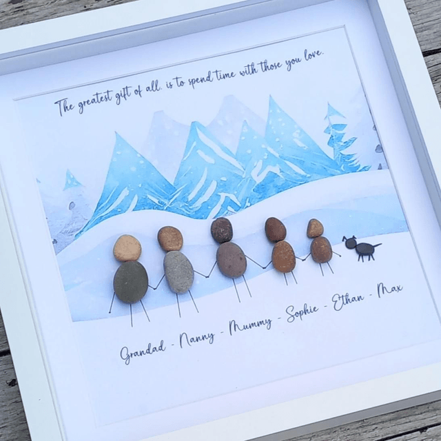 Snow scene personalised family pebble picture 