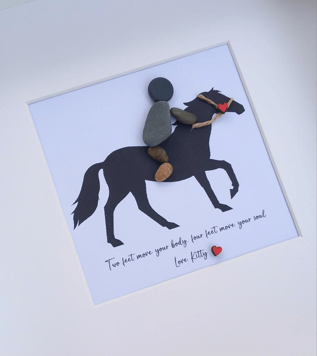 Custom horse and rider pebble picture | Handcrafted personalised gift for horse lovers 