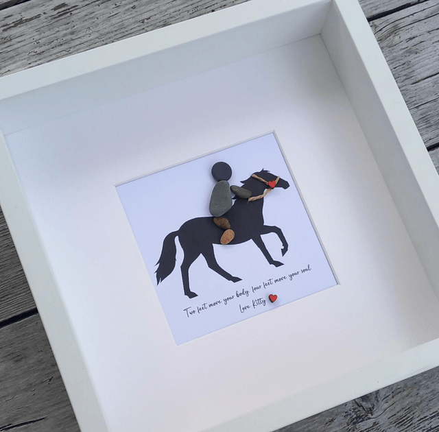 Custom horse and rider pebble picture | Handcrafted personalised gift for horse lovers 