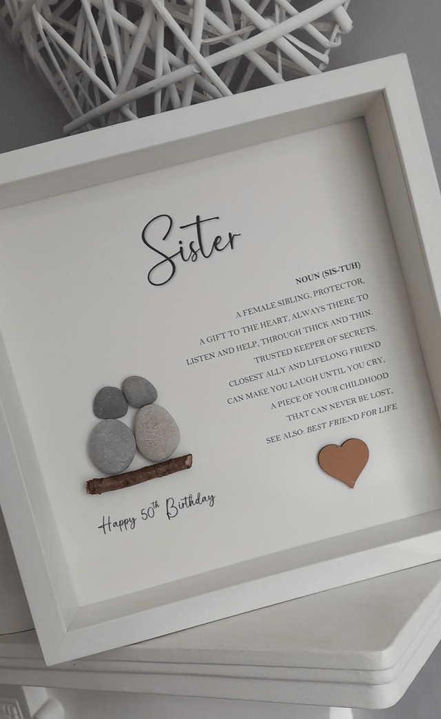 Pebble Art 50th Birthday Gift for Sister – Handmade Wall Art with Heartfelt Quote – Unique Milestone Keepsake Present