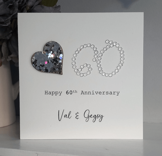 Handmade 60th Diamond Anniversary Personalised Card with Silver Glitter Heart – Unique Wedding Anniversary Keepsake