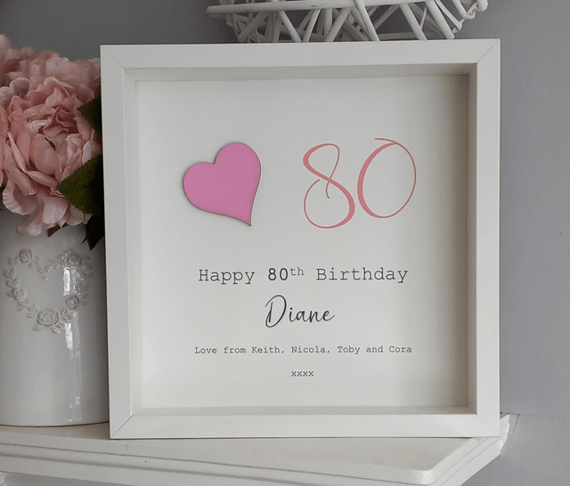 Personalised Framed 80th Birthday Gift with Pink Heart and Custom Message | Handcrafted Keepsake for Milestone Celebration