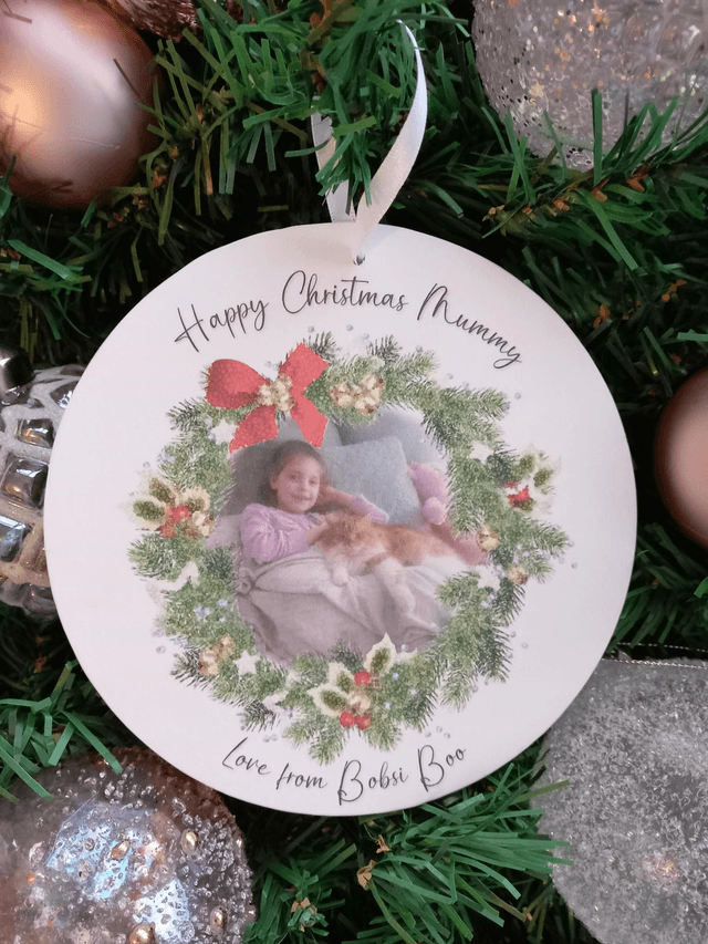 Personalised Christmas bauble with photograph, Hanging Christmas plaque 
