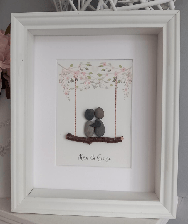 Couple on swing personalised pebble picture for Valentine, Anniversary, Engagement, Wedding gift 