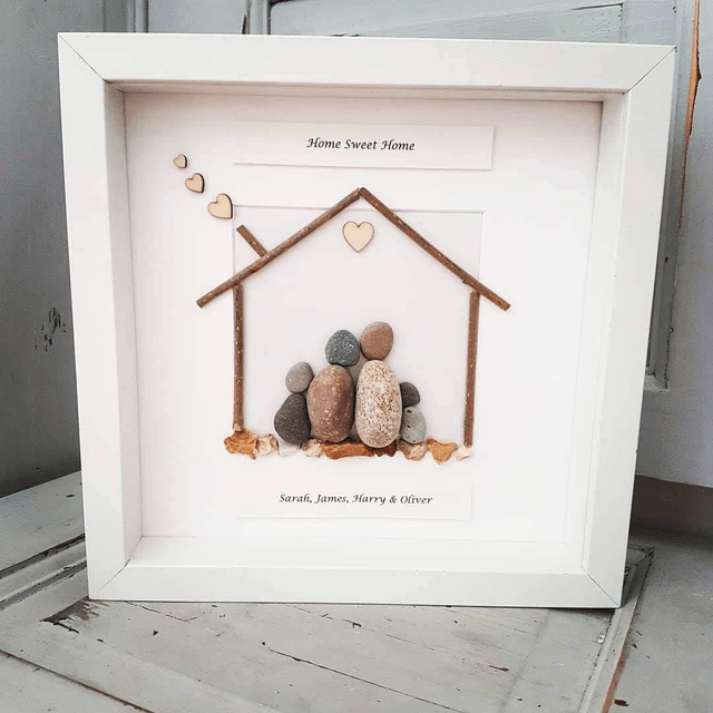 Home Sweet Home Family Pebble Picture With Wooden House 