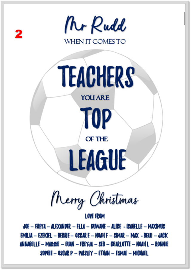 Thank you teacher personalised framed football fan print from the whole class - Class teacher appreciation Christmas gift - Football coach  gift 