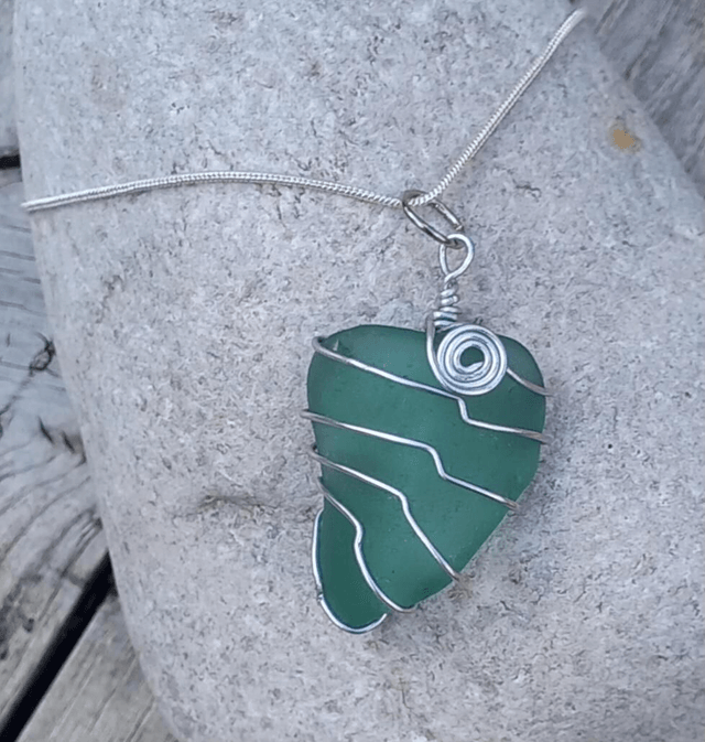 Aqua wire wrapped sea glass pendant 