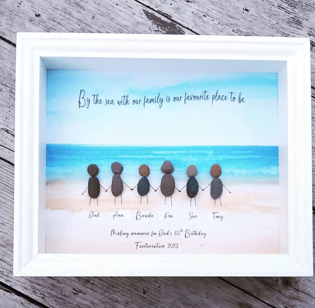 Personalised beach scene pebble picture, family holiday keepsake 