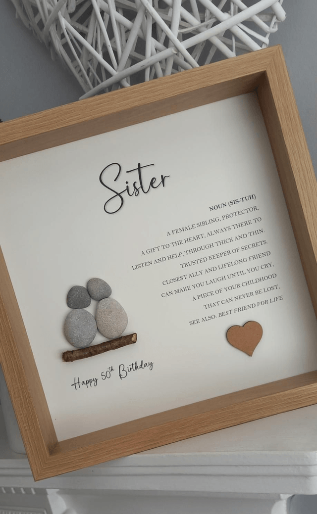Pebble Art 50th Birthday Gift for Sister – Handmade Wall Art with Heartfelt Quote – Unique Milestone Keepsake Present