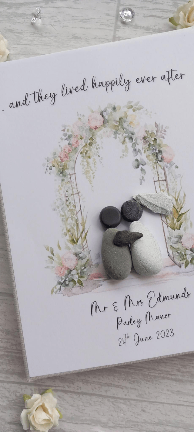 And they lived happily ever after, personalised wedding pebble picture | 5" x 7" canvas frame, with decoupage design 