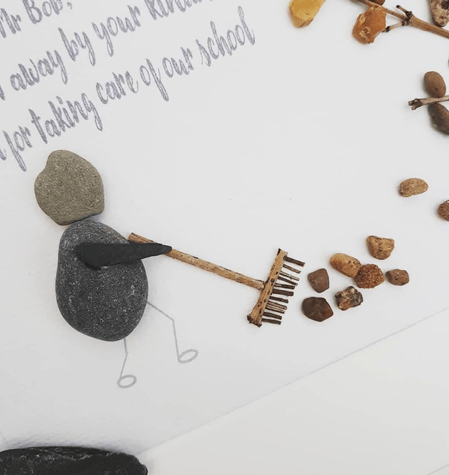 Handmade Caretaker Gift – Pebble Art Man Sweeping Leaves Picture – Thank You Gift for School Caretaker