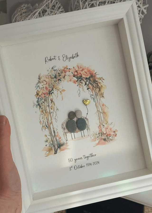 Handmade Pebble Art Frame, Couple on Bench with Gold Balloon, 50th Golden Wedding Anniversary Gift, Autumn October November Celebration

