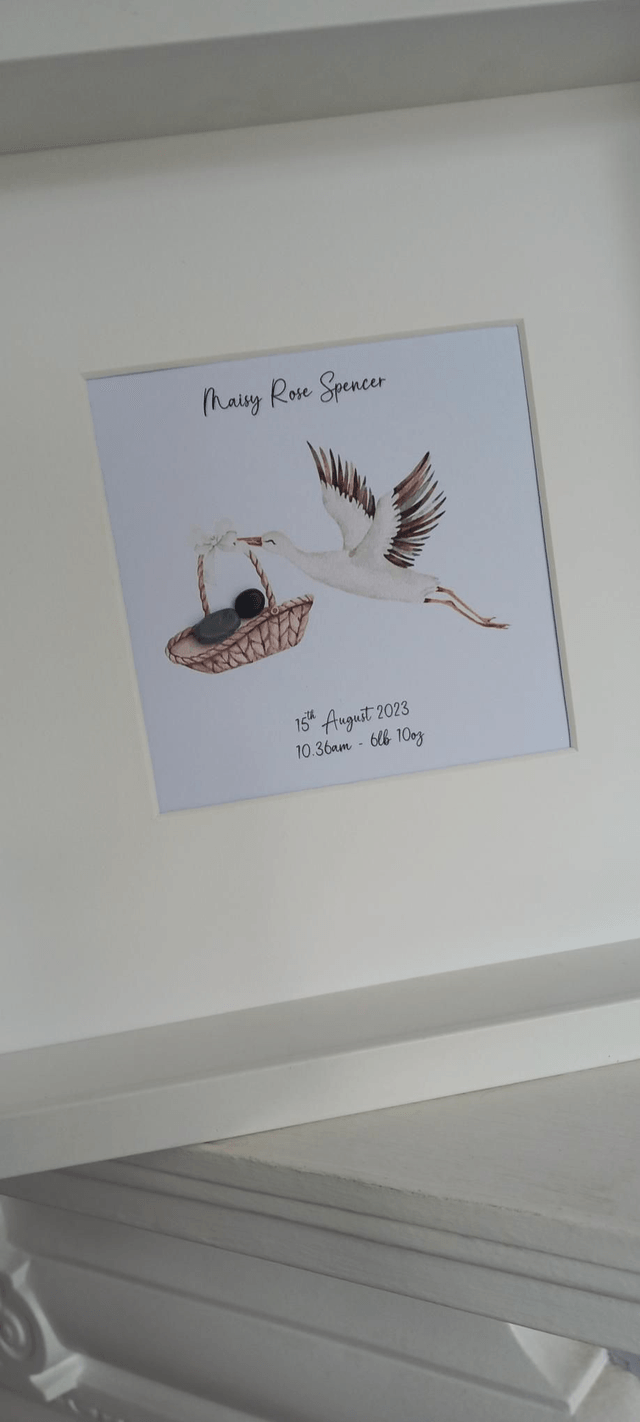 Baby and stork personalised pebble picture | Newborn gift for new parents | New baby gift 