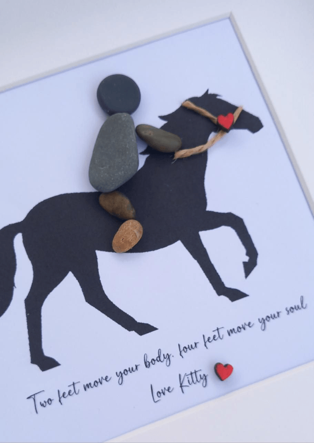 Custom horse and rider pebble picture | Handcrafted personalised gift for horse lovers 