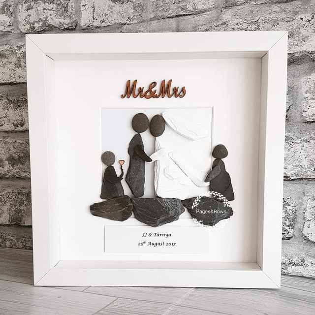 Mr & Mrs personalised wedding pebble picture with bridesmaid
