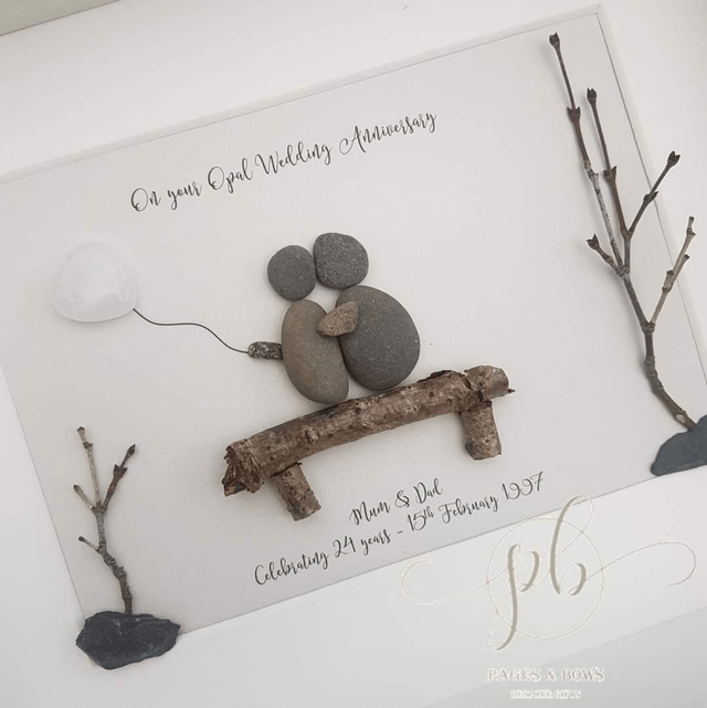 Anniversary gift | Silver, Golden, Ruby, Opal, Pearl, Emerald, Sapphire, Paper, Tin | Personlaised pebble picture | Couple on bench