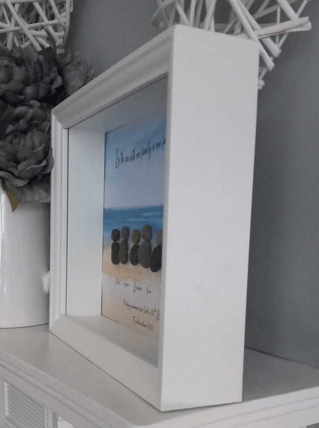 Personalised beach scene pebble picture, family holiday keepsake 