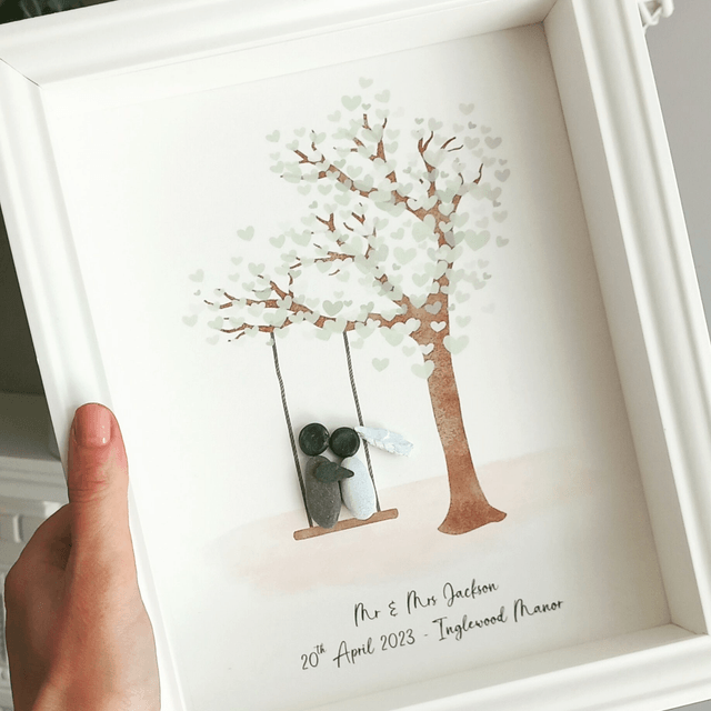 Personalised wedding pebble picture with couple on swing  | Wedding gift | Wedding Frame | Pebble Couple | Bride & Groom 