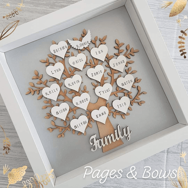 Family tree wooden, silver background with white hearts 