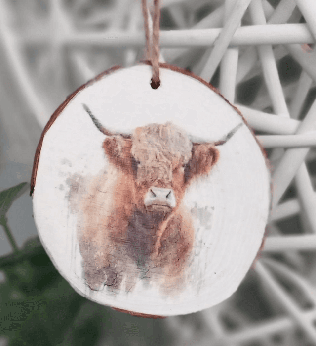 Highland cow log slice