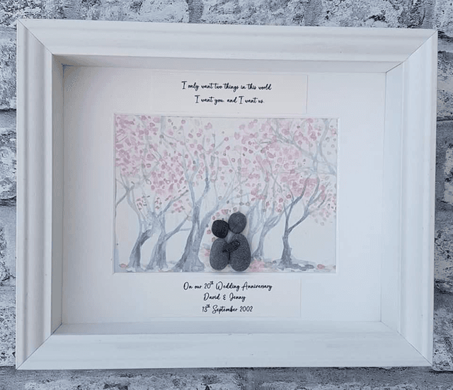 Anniversary pebble picture, blossom trees &amp; pebble couple 