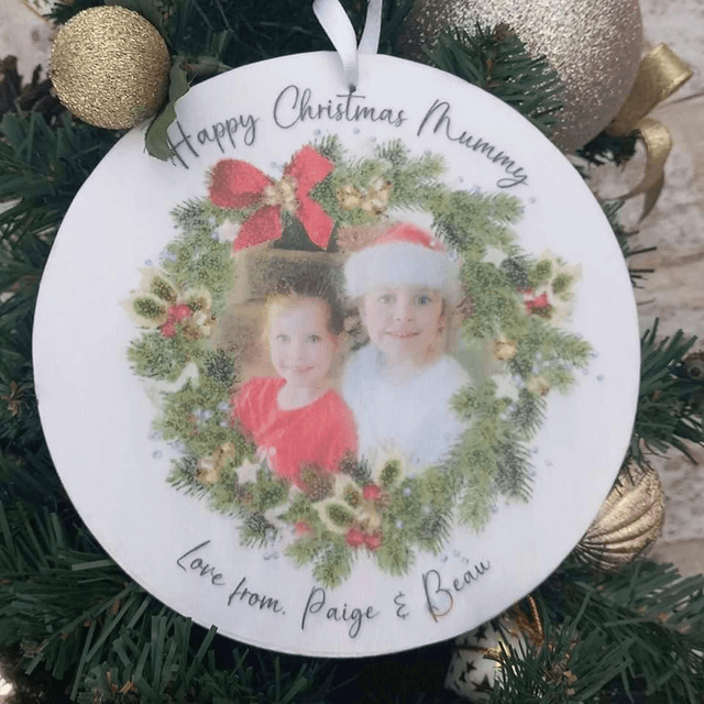 Personalised Christmas bauble with photograph, Hanging Christmas plaque 