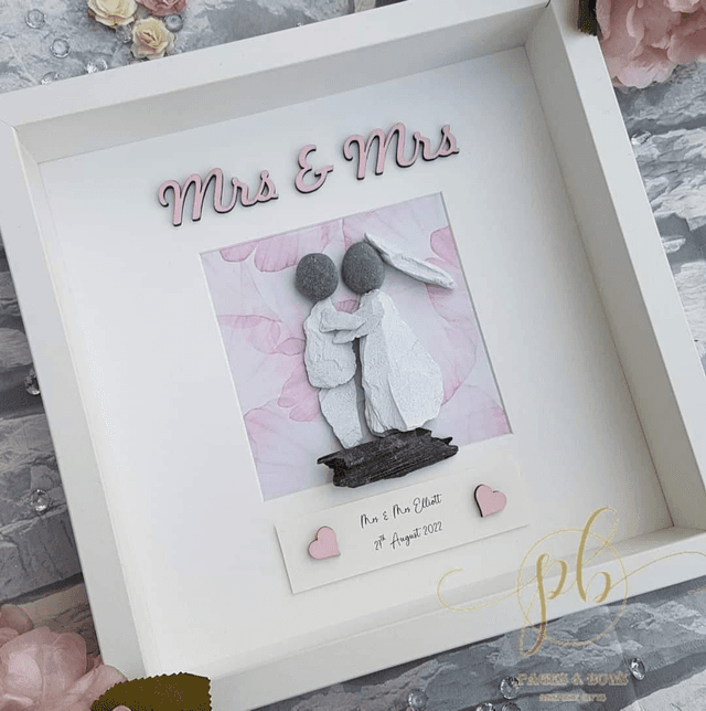 Mrs &amp; Mrs personalised wedding pebble picture 