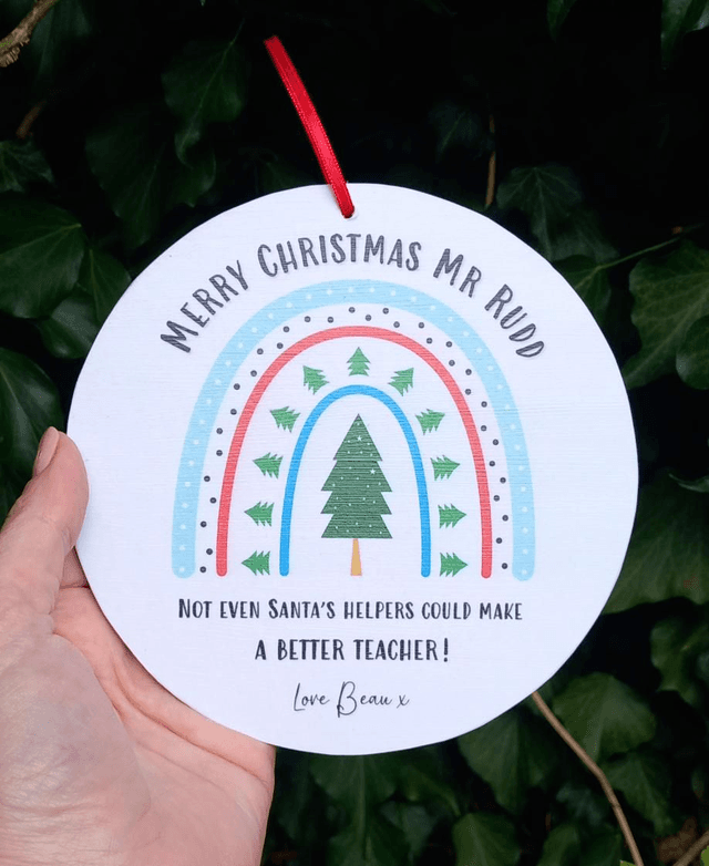 Santa&#039;s helpers, personalised Christmas Teacher bauble/plaque 