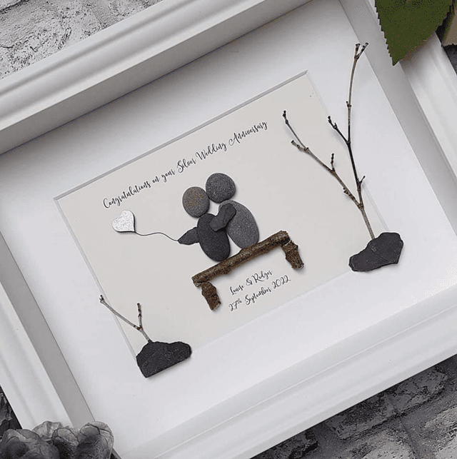 Anniversary gift | Silver, Golden, Ruby, Opal, Pearl, Emerald, Sapphire, Paper, Tin | Personlaised pebble picture | Couple on bench