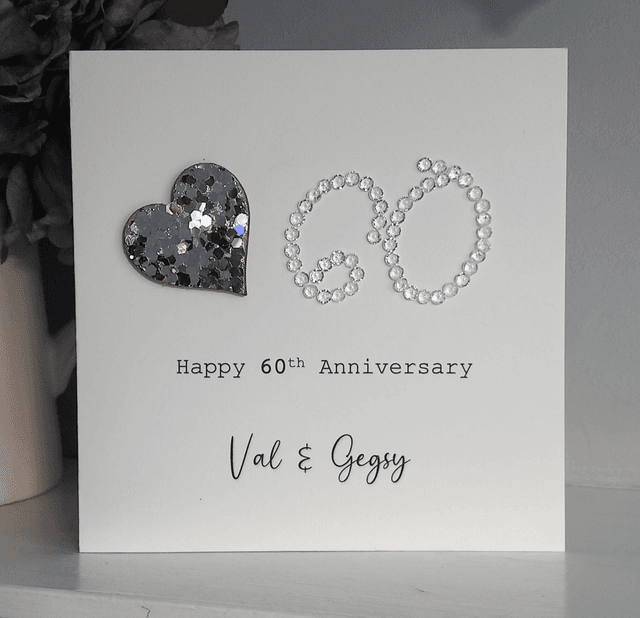 Handmade 60th Diamond Anniversary Personalised Card with Silver Glitter Heart – Unique Wedding Anniversary Keepsake