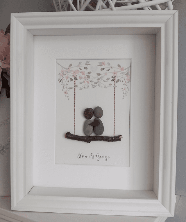 Couple on swing personalised pebble picture for Valentine, Anniversary, Engagement, Wedding gift 