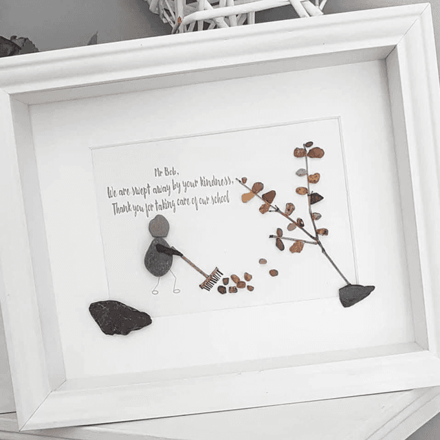 Handmade Caretaker Gift – Pebble Art Man Sweeping Leaves Picture – Thank You Gift for School Caretaker