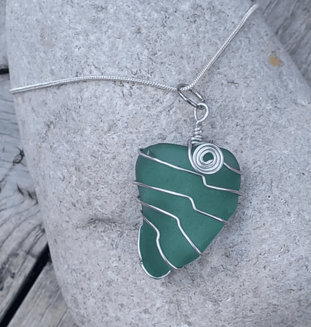 Aqua wire wrapped sea glass pendant 