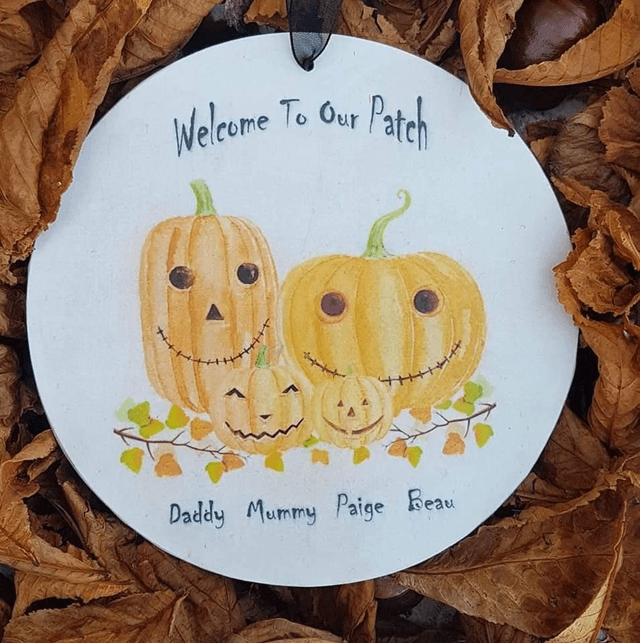 Wooden pumpkin autumnal welcome to our patch door sign, Hanging pumpkin family plaque | Halloween door sign 