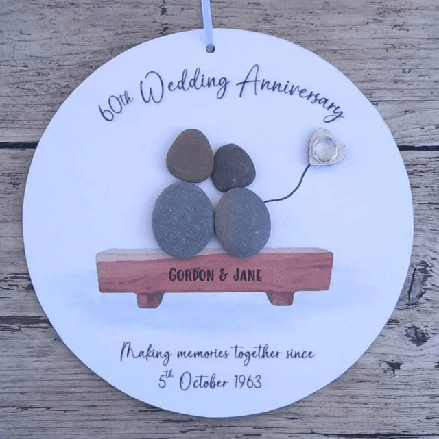Personalised 60th Diamond Anniversary Gift: Pebble Couple on Bench Handcrafted Wooden Plaque 10th, 20th, 25th, 30th, 40th, 50th anniversary