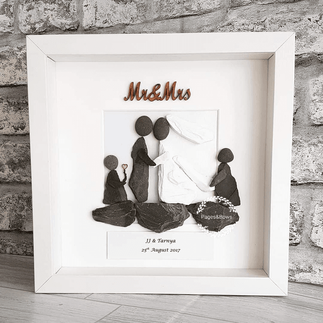 Mr &amp; Mrs personalised wedding pebble picture with bridesmaid